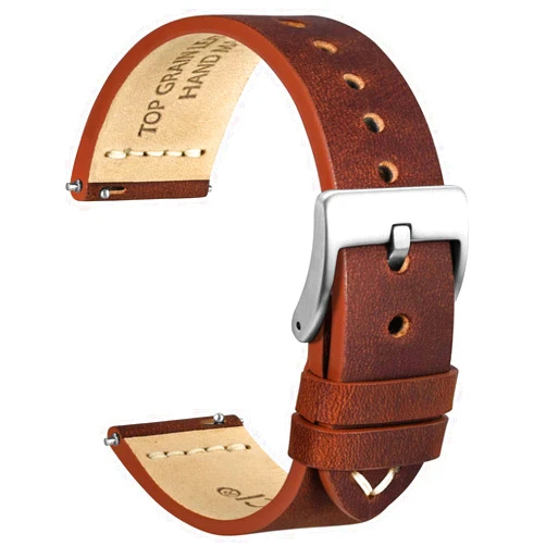 WOCCI 21mm Old-fashioned Watch Band for Men, Top Grain Leather, Silver Brushed Buckle (Pecan Brown)