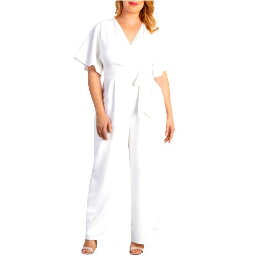 Kiyonna Plus Size Charisma Crepe Wide-Leg Jumpsuit with Sleeves for Women | Work, Cocktail, and Formal Events