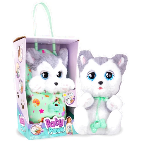 IMC Toys Baby Paws - Siberian Husky Puppy with Carrier | Soft and Cuddly Toy Puppy That Make 5 Adorable Sounds for Kids, Ages 4+