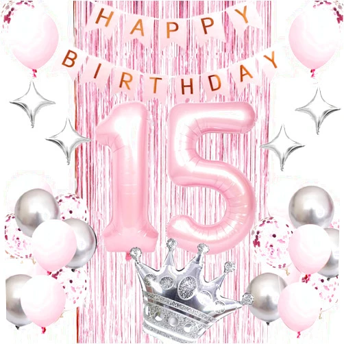 PASOCON Happy 15th Birthday Decorations for Girl Pink, Happy Birthday Decorations for Girls 15 Pink Silver Balloons Number Balloons 15, Fringe Curtain, Crown Star Balloon for Her Pink Birthday Princess Party