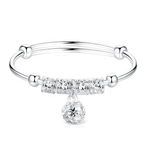 DUANMEINAD Women's S990 Sterling Silver Beads Bangle Transfer Lucky Beads Bracelet Cuff Open Design Silver Bells Palace Bell Bracelet