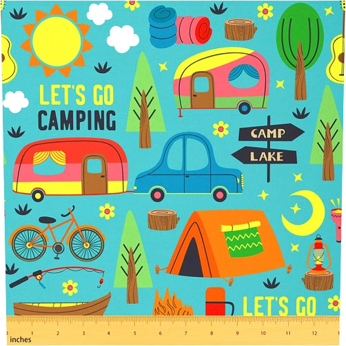 Castle Fairy Camping Theme Trailer Fabric for Kids Adults Chairs DIY,Camp Car Bike Pattern Outdoor Fabric by The Yard,Nature Trees Botanical Farmhouse Decorative Fabric for Home DIY Projects,5 Yards
