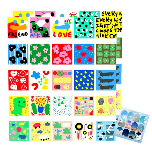 Dalgaru Cute Essential Korean Ins Kawaii Aesthetic Stationery Sticker Pack - 50 Sheet Pack / 3 styles: black kitsch, - for planners, journals, scrapbooks, gifts, kpop photocards, polocos, lovely photos, pop color art (COLOR DRAWING)