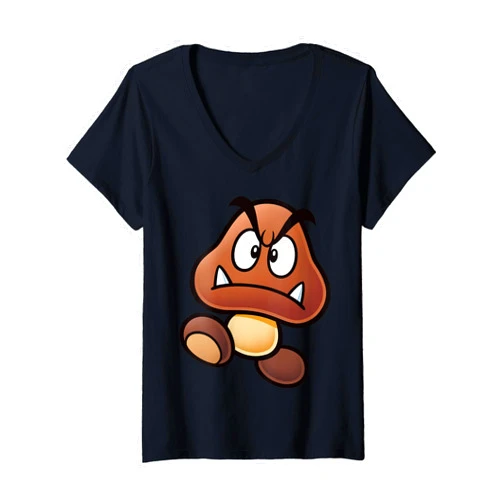 Super Mario Womens Super Mario Goomba Big Face V-Neck T-Shirt