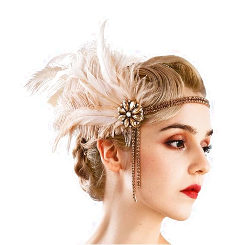 Bubbmi 1920s Flapper Girls Feather Headband with Rhinestone Tassels, Great Gatsby Costume Hair Accessories for Women Showgirl Parties (1722champange)