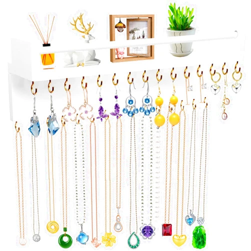 OURISE Necklace Holder Wall Hanging Jewelry Organizer with 30 Hooks & Cosmetics Shelf,Wall Jewelry Organizer for Necklaces Bracelet Earrings Ring