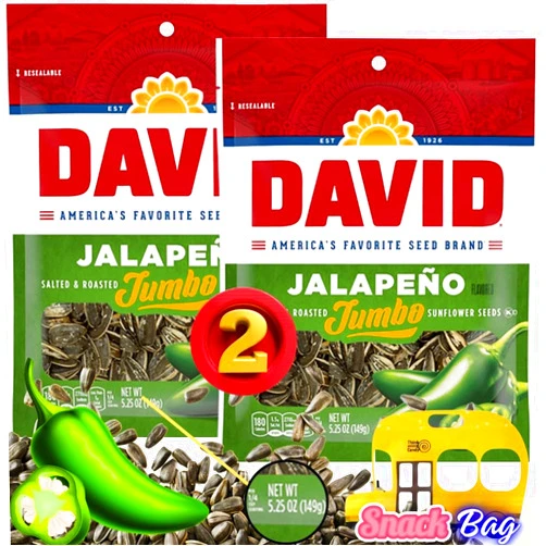 Think Candy (PACK OF 2) David Sunflowers Seeds Jalapeno Flavor JUMBO SIZE - American's Favorite Brand - Whole Seeds Seasoned, Salted & Roasted - 5.25oz Each Bag - One Resealable Snacks ZipBag from Think Candy Included (2 Bags, Jalapeño)