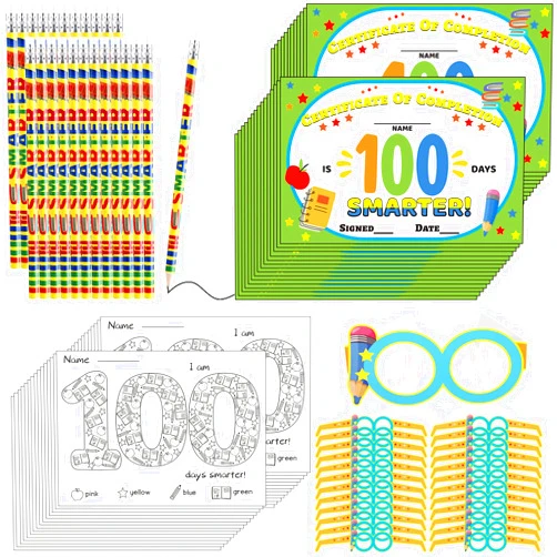 Chinco 100 Pieces 100th Day of School Kit Teacher Favor Kit Include 25 Pencils, 25 Color Pages, 25 Certificates and 25 Glasses for Kids 100 Days of School Celebration Party School Supplies