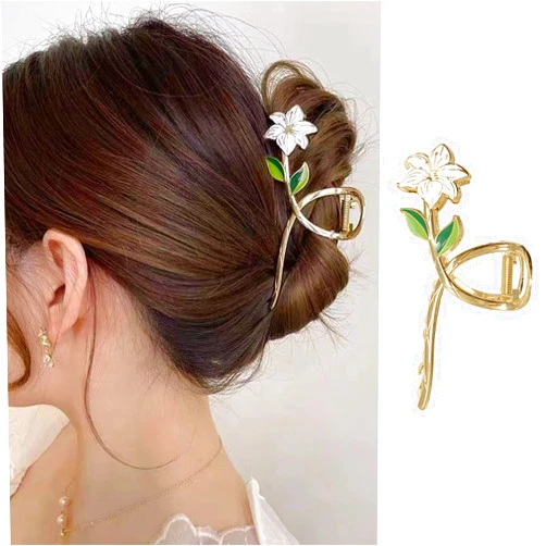 LLAOIMB Flower Hair Clip Lily Hair Claw Clips Cute Hair Clips White Floral Claw Clips with Leaves Big Hair Claw Clips Gold Metal Claw Clips Styling Hair Decoration Strong Hold Hair Clamps for Thick Thin Hair
