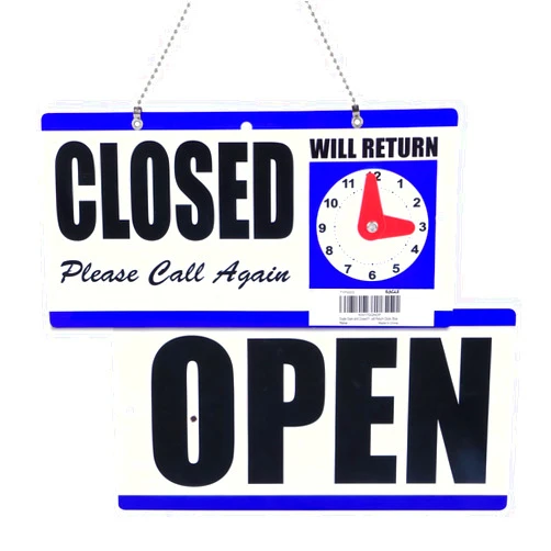 Eagle Open and Closed Sign, Plastic, with Hanging Chain, Dual Sides with “Will Return” Clock, 6X11.5-Inches