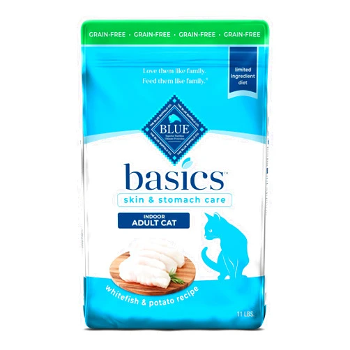 Blue Buffalo Basics Grain-Free Dry Cat Food, Skin & Stomach Care, Limited Ingredient Diet for Indoor Cats, Fish & Potato Recipe, 11-lb. Bag