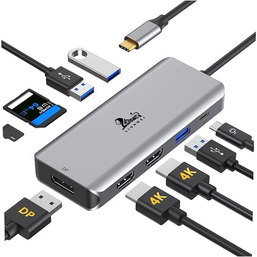 LIONWEI USB C Docking Station Dual Monitor, 9-in-1 Triple Display USB C Hub Multiport Adapter for Dell/HP/Lenovo/Surface Pro Laptop, USB C to 2 HDMI, DisplayPort, 87W PD, 3 USB, SD/TF Card Reader
