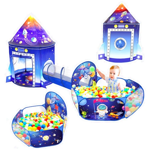 WillingHeart 3 in 1 Rocket Ship Play Tent with Tunnel Ball Pit for Kids Space Themed Pop Up Playhouse Indoor Outdoor Astronaut Tent Set Toy Gift for Boys Girls Toddler Baby Child Games Birthday Party