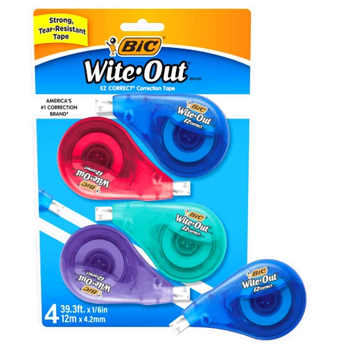BIC White-Out Brand EZ Correct Correction Tape, 39.3 Feet, 4-Count Pack of white Correction Tape, Fast, Clean and Easy to Use Tear-Resistant Tape