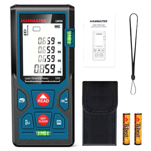 HANMATEK 165ft/50m Laser Measure Ft/in/M Switching LM50 Laser Measurement Tool Devices with 2 Bubble Levels Distance Meter,Large Backlit LCD