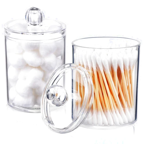 AOZITA 2 PACK Qtip Holder Dispenser for Cotton Swabs, Balls, Cotton Pads, Floss Picks - Small Clear Plastic Canister Apothecary Jar Set, Bathroom Essentials Accessories Decor, Vanity Makeup Storage Organizer