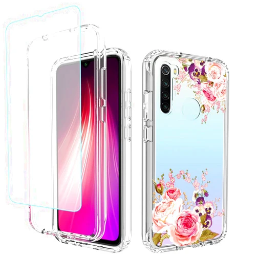 Bohefo Case for Redmi Note 8 (2019/2021) M1908C3JH Case with Tempered Glass Screen Protector, Full Body Cute Floral Bumper Shockproof Protective Phone Case Cover for Xiaomi Redmi Note 8 (Rose Flower)