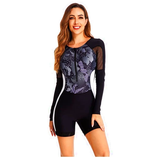 Akaeys Women's Rashguard Long Sleeve One Piece Zip Sporty Boyshorts Swimsuit Surfing Suit