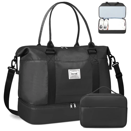 BAGAIL Travel Duffel Bag, Weekender Bags for Women, Overnight Gym Carry On Tote Bag with Wet Pocket, Hospital Mom Bag for Labor and Delivery - Extra Large Set, Black