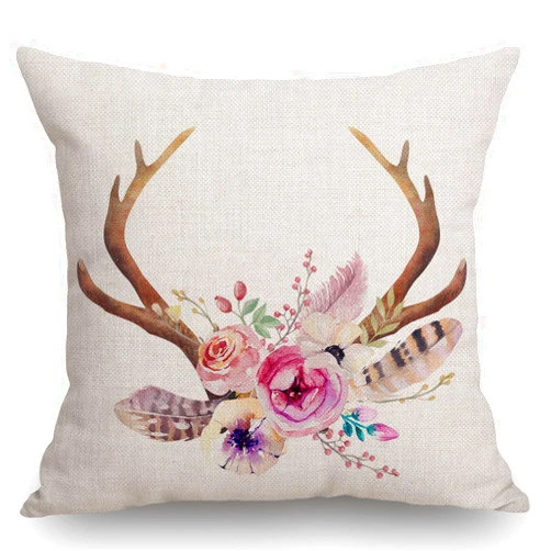Swono Watercolor Floral Boho Pillow Decorative Pillow Cover Vintage Deer Horns with Flowers Throw Pillow Case Cotton Linen French Decor Rustic Cushion Cover for Sofa Couch 18x18 Inch