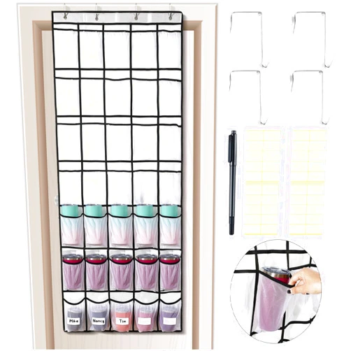 GliCraft 35 Pockets over the Door Water Bottle Organizer Hanging Water Bottle Storage Tumbler Organizer with Elastic Strap Mesh Bag and Pen Cup Holder for Door Closet Pantry Storage Rack(White)