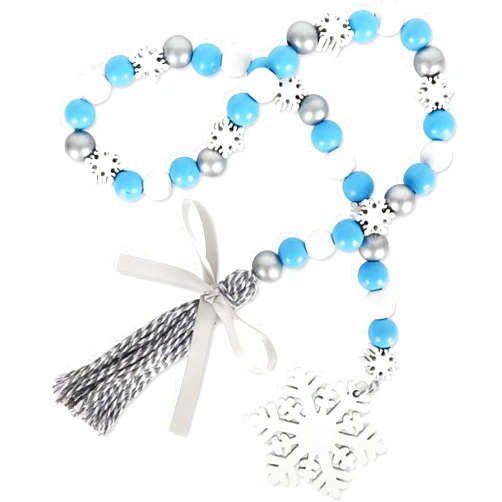 Whaline 2Pcs Winter Wood Bead Garland with Snowflake Tassel Xmas Tree Blue White Silver Snowflake Garland Tiered Tray Decor Rustic Farmhouse Wooden Bead Garland for Winter Home Fireplace Decor