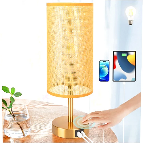 Yarra-Decor Bedside Lamp with USB Port - Touch Control Table Lamp for Bedroom Wood 3 Way Dimmable Nightstand Lamp with Round Flaxen Fabric Shade for Home Office (LED Bulb Included) (Y - NET)