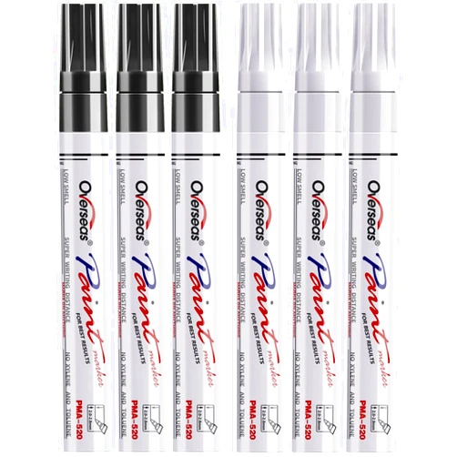 Overseas White and Black Paint Pens Paint Markers - 6 Pack Permanent Oil Based Paint Pen, Medium Tip, Quick Dry and Waterproof Marker for Rock, Wood, Metal, Plastic, Canvas, Glass, Ceramics, Rubber, Stone