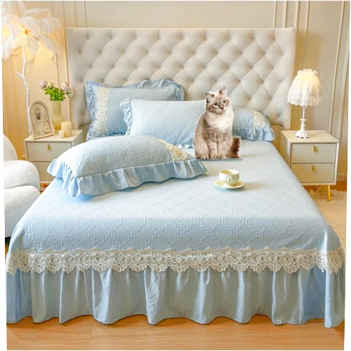 XCLOOZGL Pink Quilted Bed Skirt Queen Size Bed Frame Cover New Light Luxury Cool Feeling Sheet & Wrap Around Bed Skirts Decorative Bedding Dust Ruffle Bedspread with Pillow Case,Blue,265 * 270cm