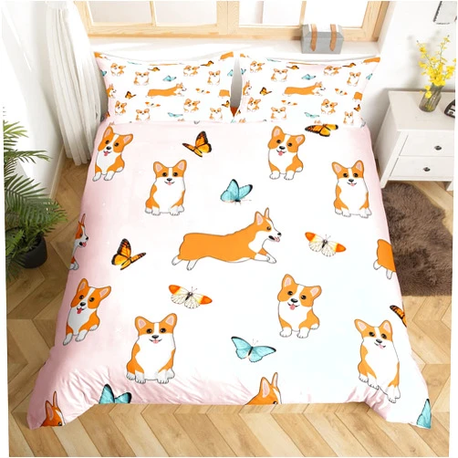 Erosebridal Kids Dog Bedding Sets Full Cute Corgi Comforter Cover, Multicolor Butterfly Bed Sets Kawaii Puppy Duvet Cover, Cartoon Animal Pet Quilt Cover for Girls Boys Bedroom Decor Pink