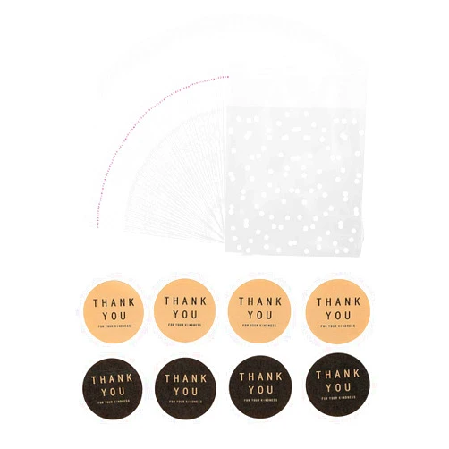 BEFORYOU 400PCS White Polka Dot Treat Bags Self Adhesive Candy Cookie Bags, 200 Clear Cellophane Bags + 200 Thank You Sticker for Bakery Biscuit Snacks Dessert,3.94x3.94Inches
