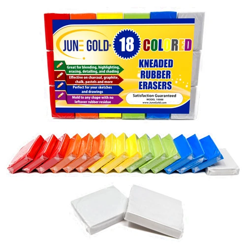 June Gold Kneaded Rubber Erasers, Colored, 18 Pack - Blend, Shade, Smooth, Correct, and Brighten Your Sketches and Drawings