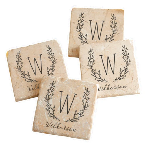 Personalization Universe Farmhouse Floral Personalized Tumbled Stone Coaster Set - Custom with Name & Initial, Set of 4 Marble Stone Coasters, Wedding Gifts, Housewarming Gift Ideas, Bar Table Décor