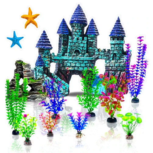 Mechpia 13 Pieces Aquarium Decorations Kit, Fish Tank Decorations Set Small Resin Castle and Rockery Betta Fish Cave Hideout Coral Artificial Plastic Plants Ornament Accessories
