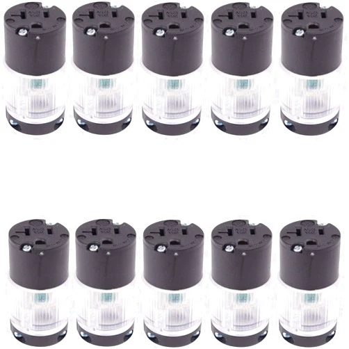 Journeyman-Pro 520CV-LIT Lighted 20 Amp 120-125 Volt, NEMA 5-20R, 2Pole 3Wire, Straight Blade, Female Plug Replacement Cord Connector Outlet, Commercial Grade PVC Power Indicating (Black LIT 10-Pack)