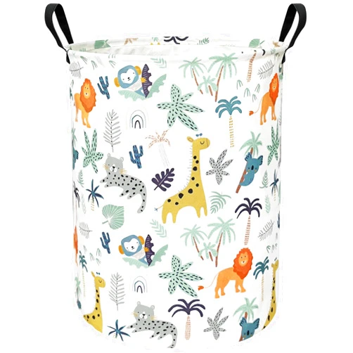 NRMEI Round Laundry Hamper Foldable Canvas Waterproof Gift Basket Storage Bin sundries Hamper for Living Room Bedroom（Forest Animal)