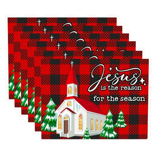 EIVMAX Christmas Placemats Set of 6 Buffalo Plaid Jesu is The Reason for The Season Xmas Placemats Table Mats Winter Table Mats for Party Kitchen Home Decoration 12x18 Inch (Set of 6, Jesus)