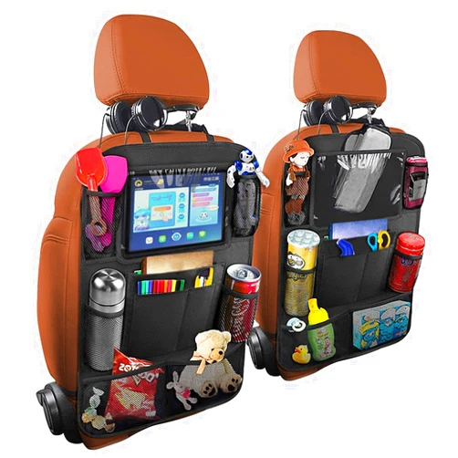 Osilly Car Seat Back Organizer, 2 Pack Backseat Storage Bag with Touch Screen Tablet Holder & 9 Pockets, Durable Waterproof Oxford Fabric, Travel Accessories, Road Trip Essentials for Kids