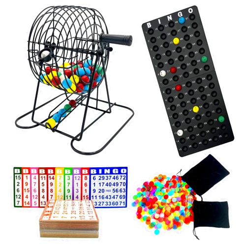 JUNWRROW Deluxe Bingo Game Set-includes Bingo Cage,600 Colorful Bingo Chips with a Bag,100 Mixed Bingo Cards,75 Calling Balls with a Bag,Plastic Master Board-Ideal for Large Groups, Parties
