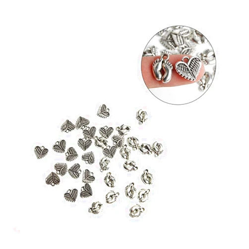 Wixine HlpiAMok Aeiniwer Wixine 100Pcs Baby Jiaoyi Charm Pendant Bead, Angel Wing Heart Charms Antique Silver Tone Pendant Bead Jewellery Making