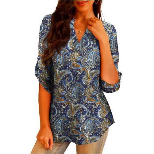 a.Jesdani Women's Plus Size Tops 3/4 Roll Sleeve Shirts V Neck Blouses Tunic Top