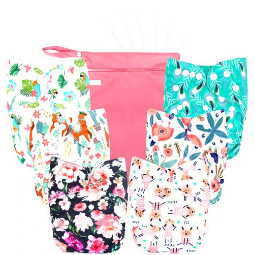 wegreeco Cloth Diapers 6 Pack with 6 Inserts & 1 Wet Bag, Washable Cloth Diapers for Babies, One Size Adjustable Reusable Diapers Baby (Flower)