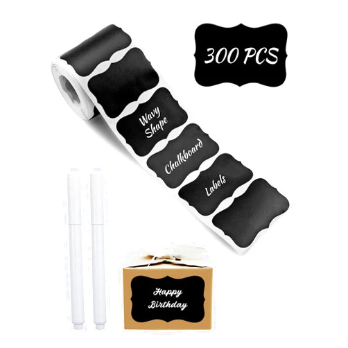 GAUENEEN 300 PCS Wavy Shape Chalkboard Labels, Erasable Reusable Blackboard Stickers with 2 Liquid Chalk Pens for Jars, Spice, Craft, Home, Kitchen, Parties Decoration, Craft Rooms, Weddings