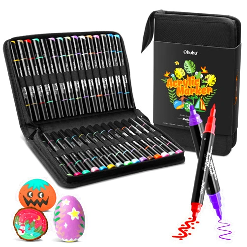 Ohuhu 30 Colors Acrylic Paint Pens : Dual Tips (Round & Fine) Acrylic Markers High Opacity Paint Markers Waterproof Lightfast for Rock Painting Easter Eggs Wood Glass Ceramic Canvas