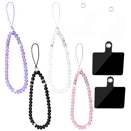 IOUALEY 4 Pieces Crystal Beads Cell Phone Lanyard Strap + 4 Pcs Phone Tether Tab Sticker Pad, 4 Colors Bling Short Hand Wrist Lanyard Chain Hanging String for Girl Women Mobile Phone Wristlet Camera Purse