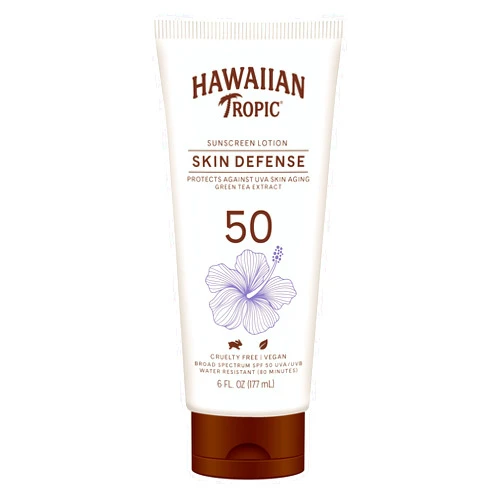 Hawaiian Tropic Skin Defense Sunscreen Lotion SPF 50, 6oz | SPF 50 Sunscreen Lotion with Green Tea Extract, Sunscreen Body Lotion, Oxybenzone Free Sunscreen, 6oz