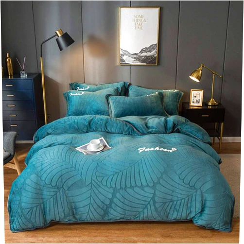 Geekcook Bedding 4 Piece Set,Coral Fleece Four-Piece Winter Double-Sided Fleece Sheet French Quilt Cover Milk Flannel Bedding-Dark Green_1.8m Bed