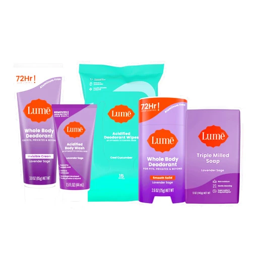 Lume Skin Care Gift Set for Women, Whole Body Deodorant Starter Pack - Smooth Solid Stick, Invisible Cream Tube, Acidified Body Wash Mini & Deodorant Wipes - Aluminum Free Odor Control (Lavender Sage)