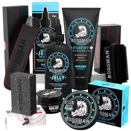 Bossman Big Boss Beard Care Kit for Men - 7 Piece Beard Grooming Kit with Jelly Beard Oil, Beard Conditioner, Beard Balm, MUDstache Wax, Bar Soap, Metal Comb, Brush - Mustache Kit (Magic)