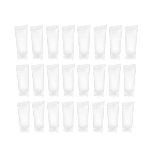Happyupcity 24PCS 30ml/1oz Empty Portable Refillable Clear Plastic Cosmetic Soft Tubes Bottles with Flip Cover Makeup Sample Travel Packing Container Holder Vial Jar Pot for Shampoo Facial Cleaning Toothpaste